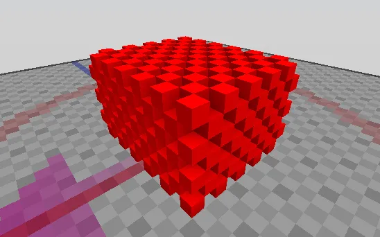 Red cuboid with holes resembling a checkerboard