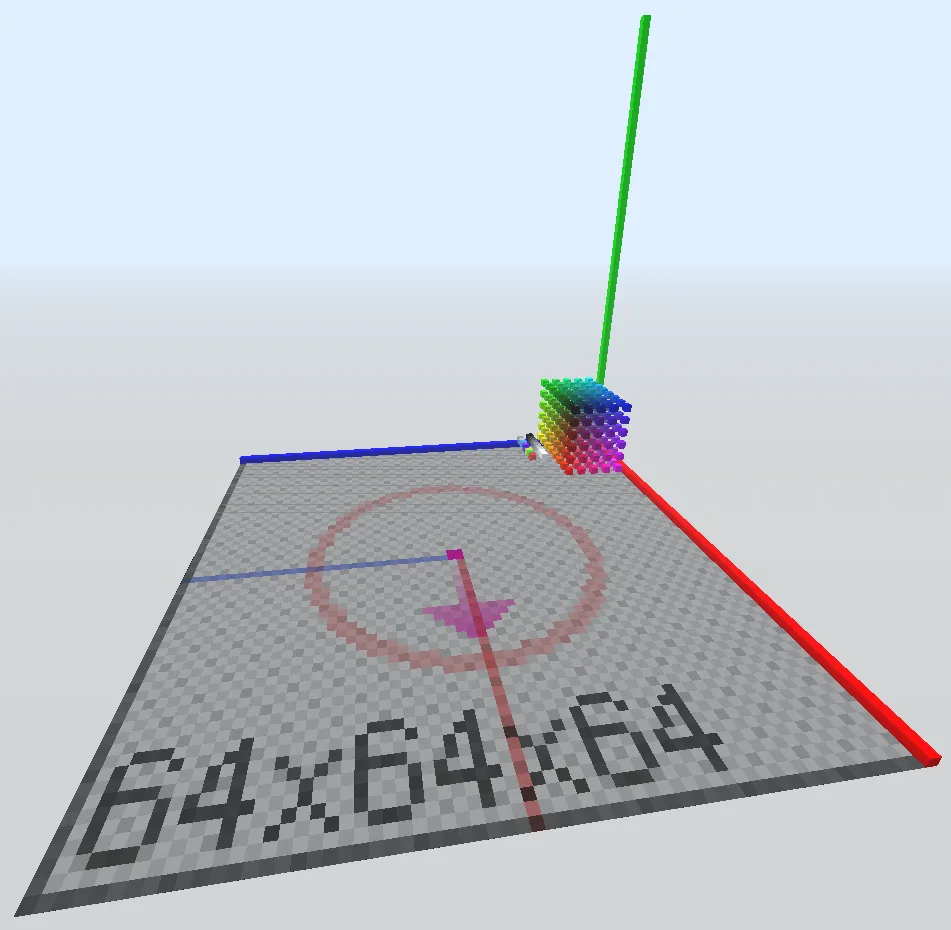 A space with a color palette arranged in a cube and axis lines pointing out from a corner.