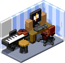 an audiophile's office; big speakers, computerw/ winamp, piano