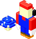 Mario is standing next to a blue mushroom