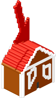Brown gingerbread-like house w/ red roof, arrow pointing to roof